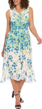 London Times Floral Sleeveless Empire Waist Chiffon Midi Dress