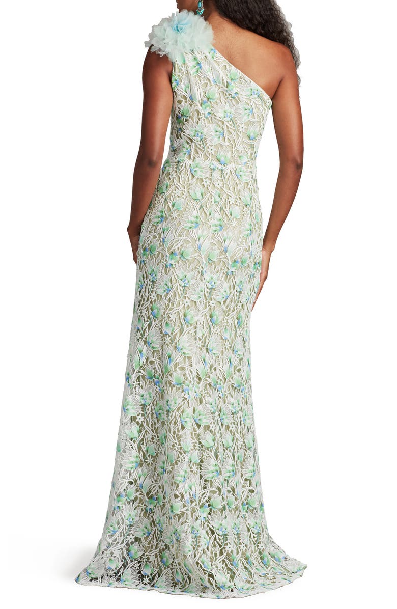 Tadashi Shoji Embroidered Lace One-Shoulder Gown, Alternate, color, White/ Aloe Green