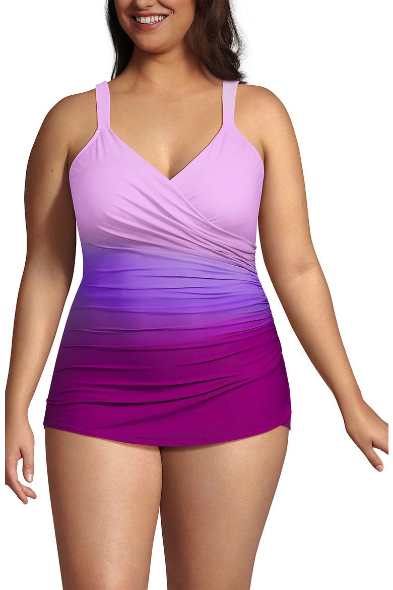 SlenderSuit V-Neck Skirted Low Leg One Piece, Alternate, color, Crimson Rose/Purple Ombre