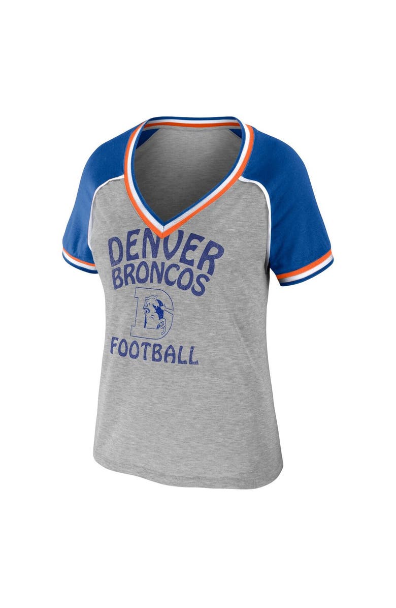 WEAR by Erin Andrews Women's WEAR by Erin Andrews Heather Gray Denver Broncos Plus Size Throwback Raglan V-Neck T-Shirt, Alternate, color, 