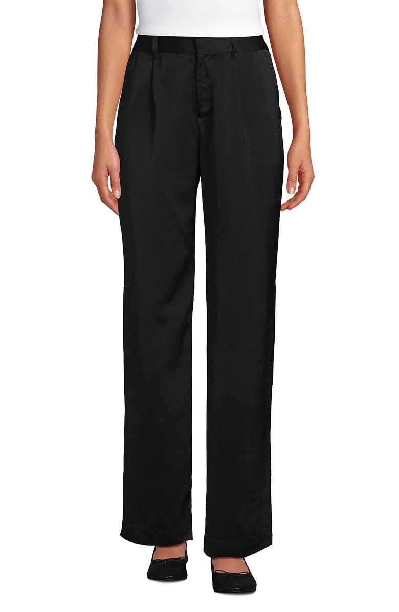 Lands' End Satin Elastic Back Wide Leg Pants, Alternate, color, Black