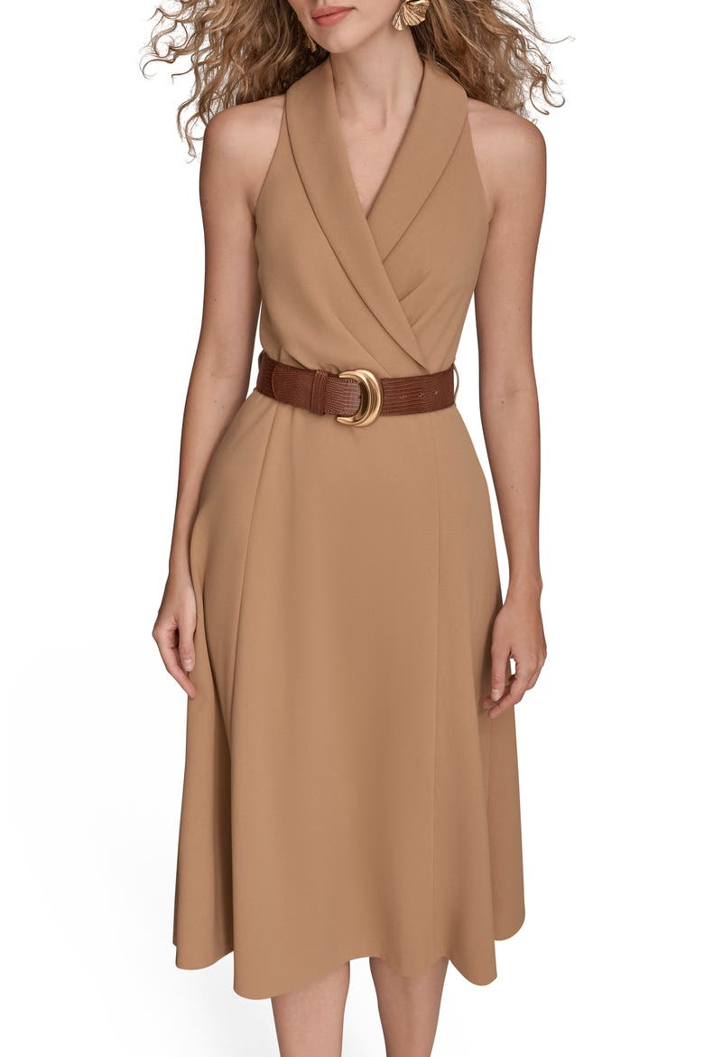 Sleeveless Belted A-Line Dress, Alternate, color, FAWN