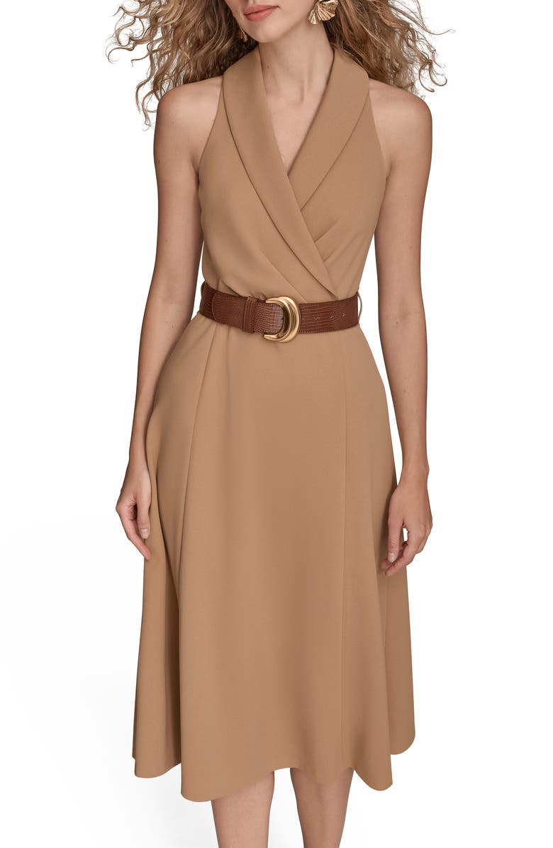 Donna Karan New York Sleeveless Belted A-Line Dress, Alternate, color, Fawn