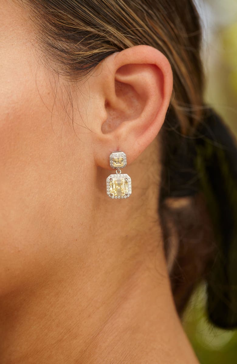 SAVVY CIE JEWELS Rhodium Plated Sterling Silver Asscher Cut Canary CZ Double Drop Earrings, Alternate, color, White