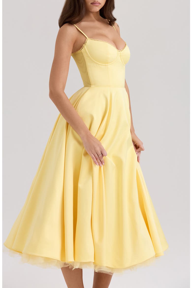 Mademoiselle Bustier Stretch Satin Midi Cocktail Dress, Alternate, color, SUNSHINE