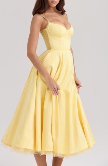 Mademoiselle Bustier Stretch Satin Midi Cocktail Dress