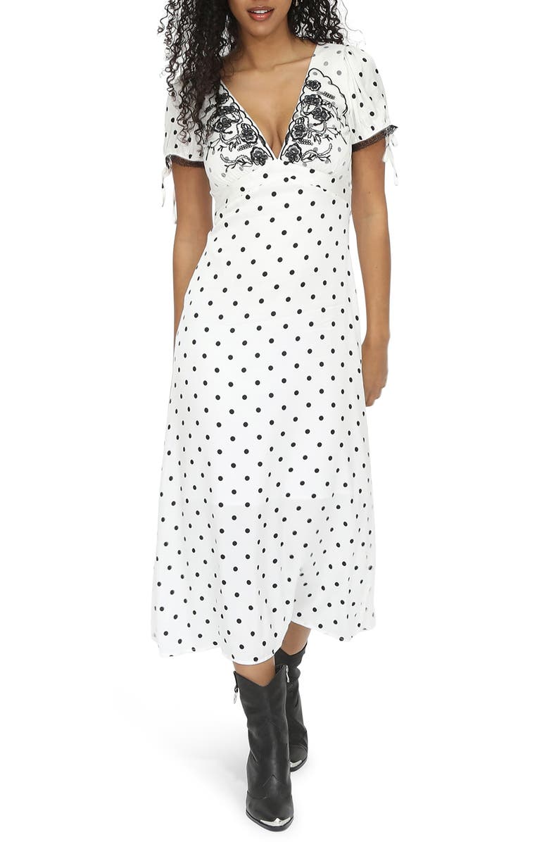 Belle & Bloom You and I Polka Dot Midi Dress, Main, color, Black/ White