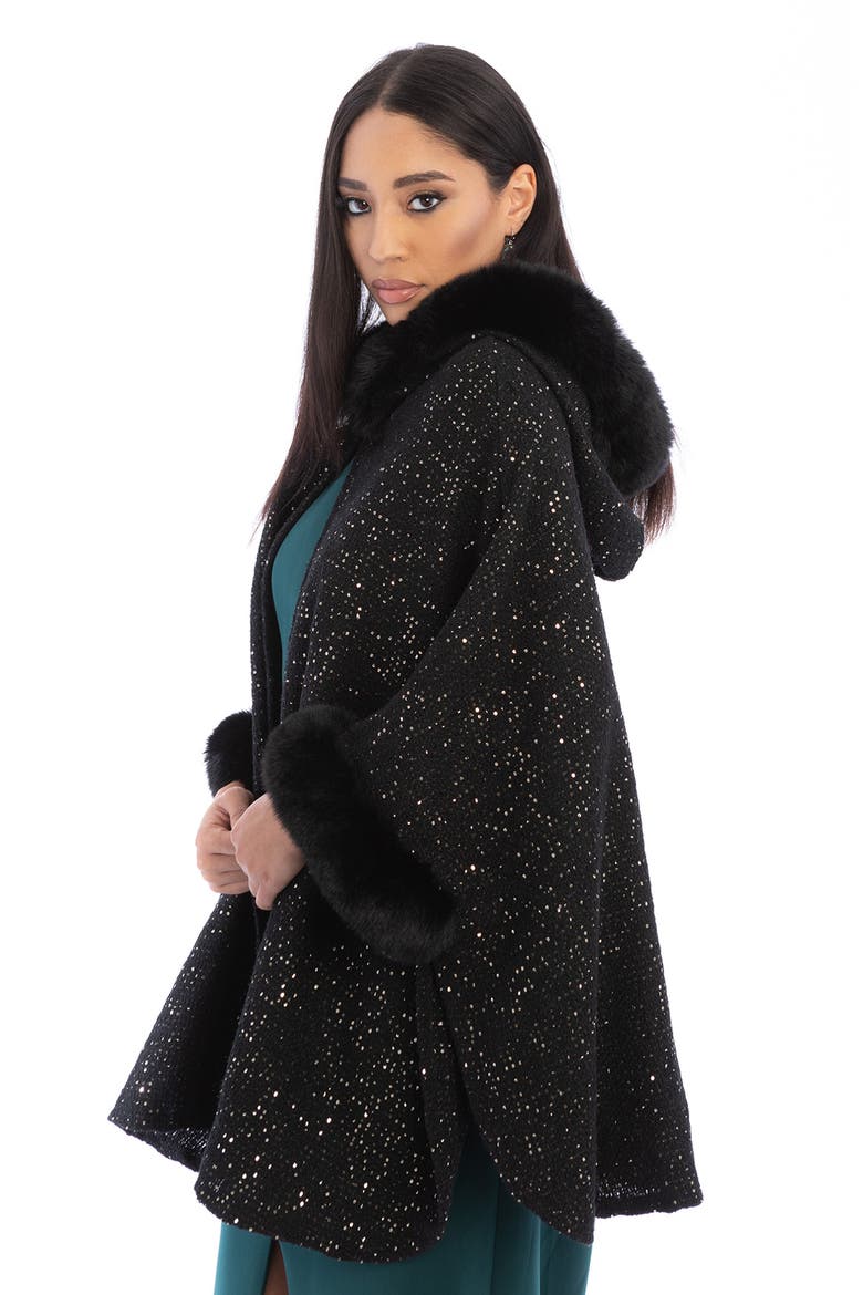 Stars Faux Fur Trim Hooded Ruana, Alternate, color, BLACK