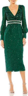 Mac Duggal Sequined V Neck Bishop Sleeve Dress