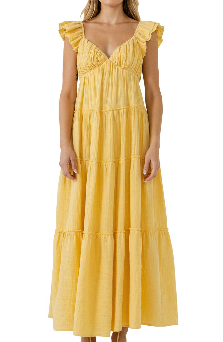 Free the Roses Sweetheart Neck Cotton Gauze Tiered Maxi Dress, Alternate, color, Yellow