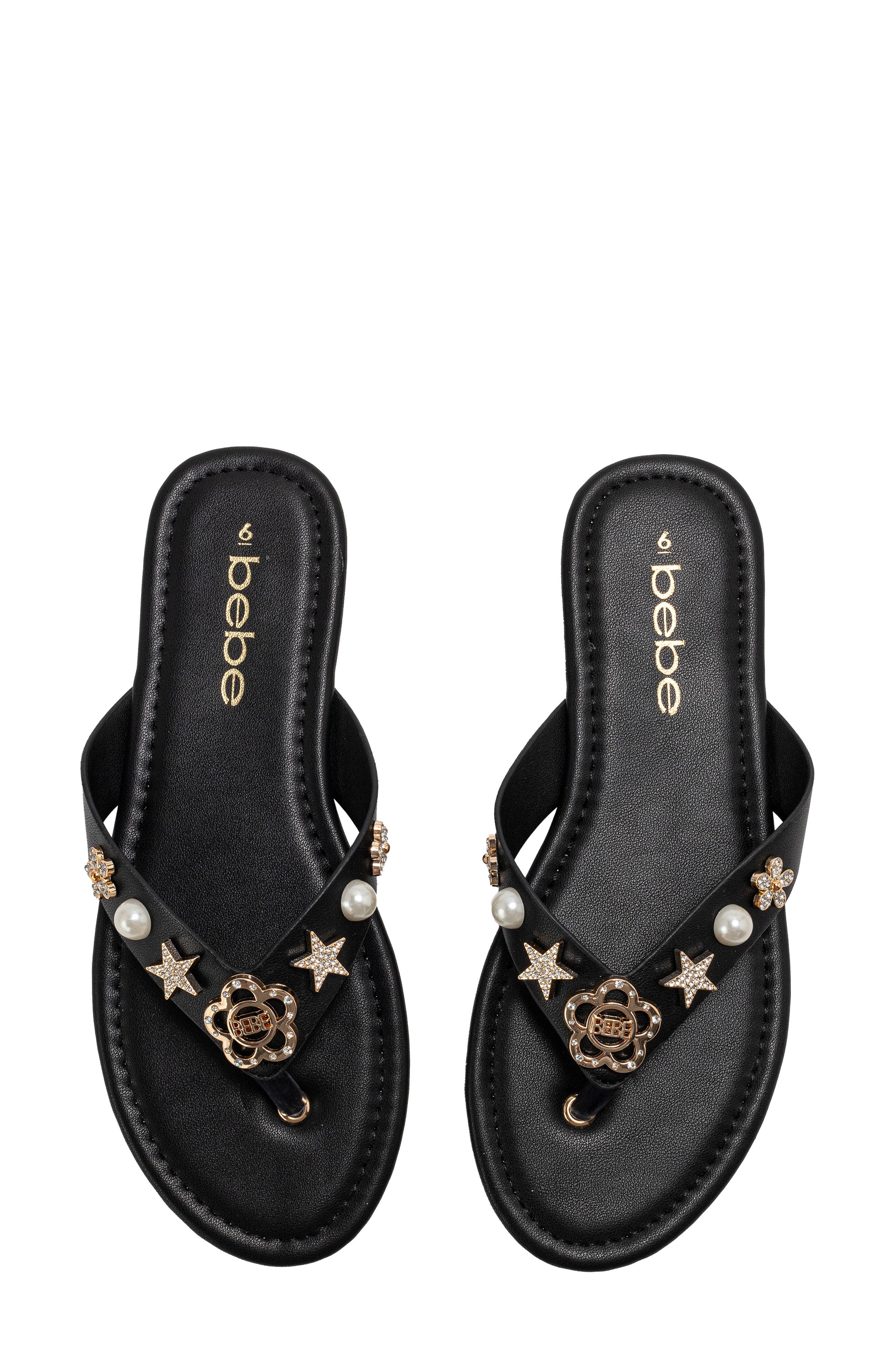 bebe Flower Charm Thong Sandal, Alternate, color, Black