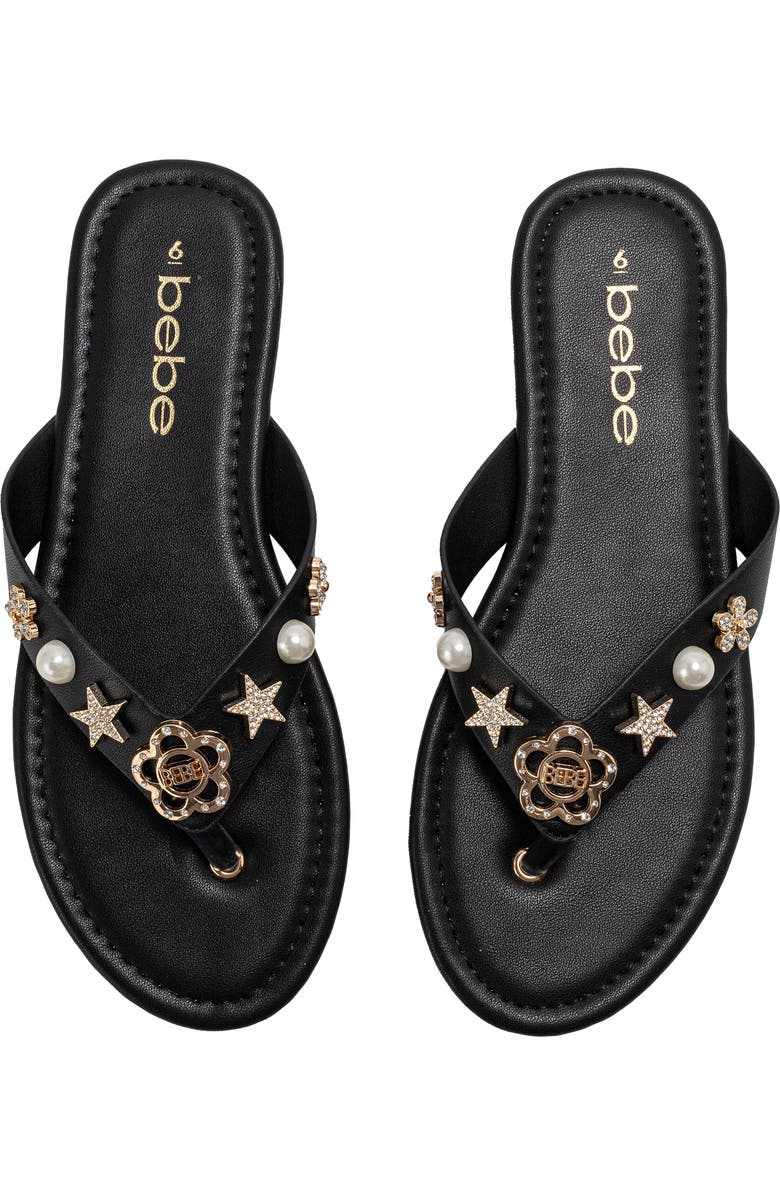 bebe Flower Charm Thong Sandal, Alternate, color, Black