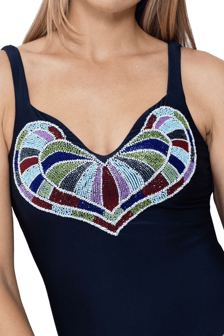 Amor Hand Beaded Embellished One Piece Swimsuit, Alternate, color, Navy