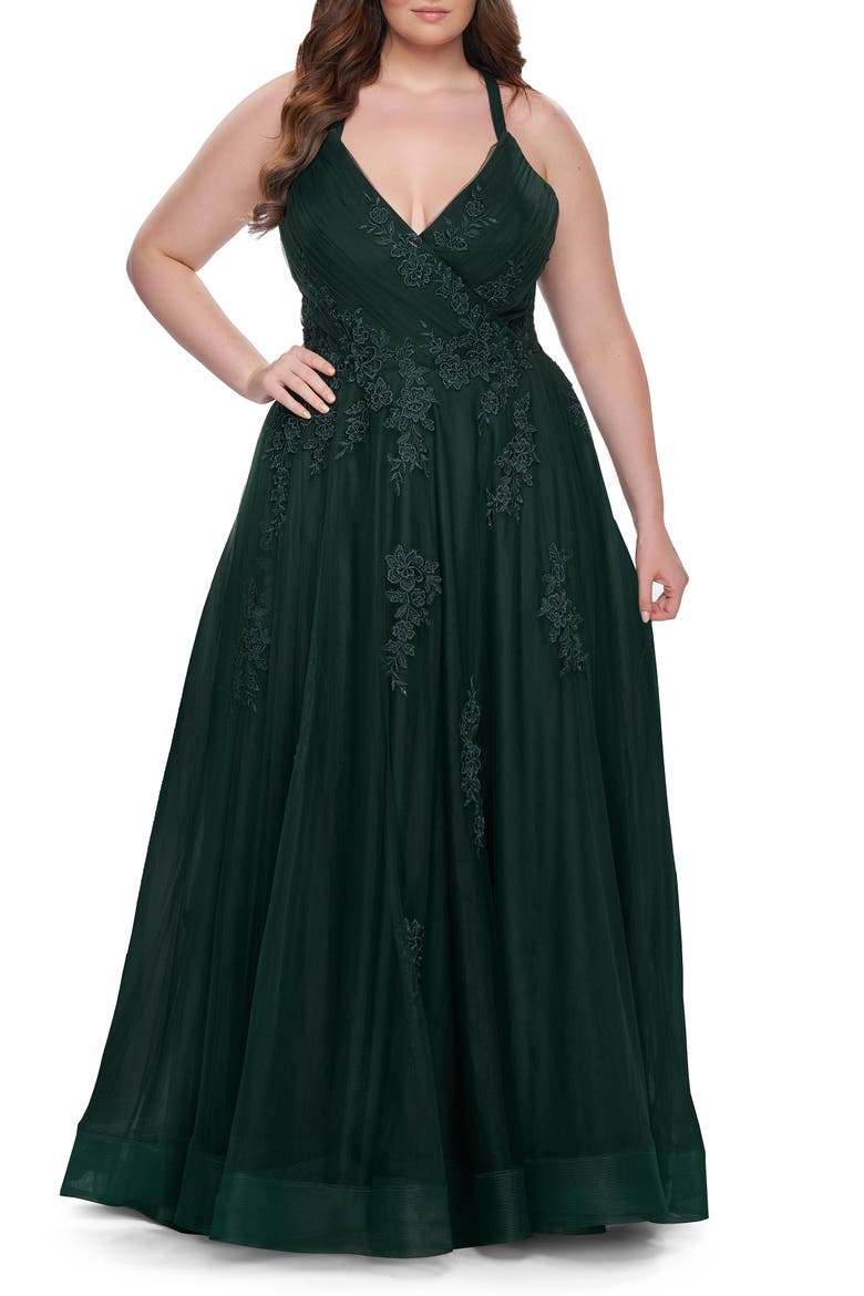 Plus Size A-line Tulle Dress with Floral Detailing, Main, color, Dark Emerald