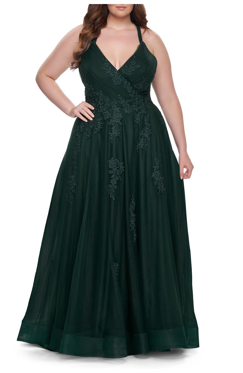 La Femme Plus Size A-line Tulle Dress with Floral Detailing, Main, color, Dark Emerald