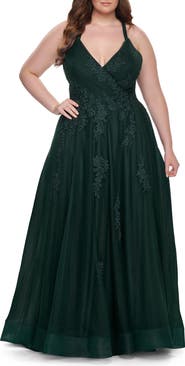La Femme Plus Size A-line Tulle Dress with Floral Detailing