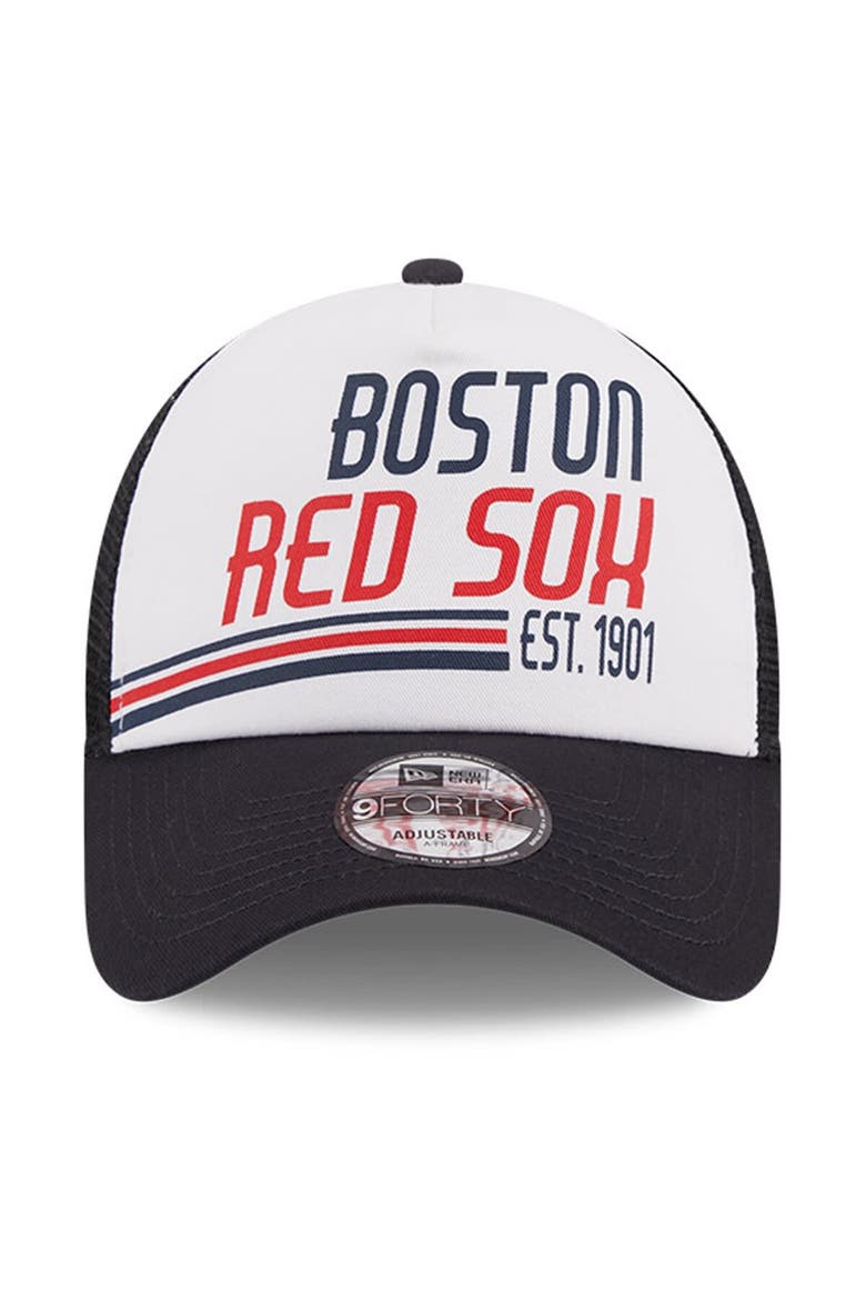 Men's New Era White/Navy Boston Red Sox Stacked A-Frame Trucker 9FORTY Adjustable Hat, Alternate, color, White