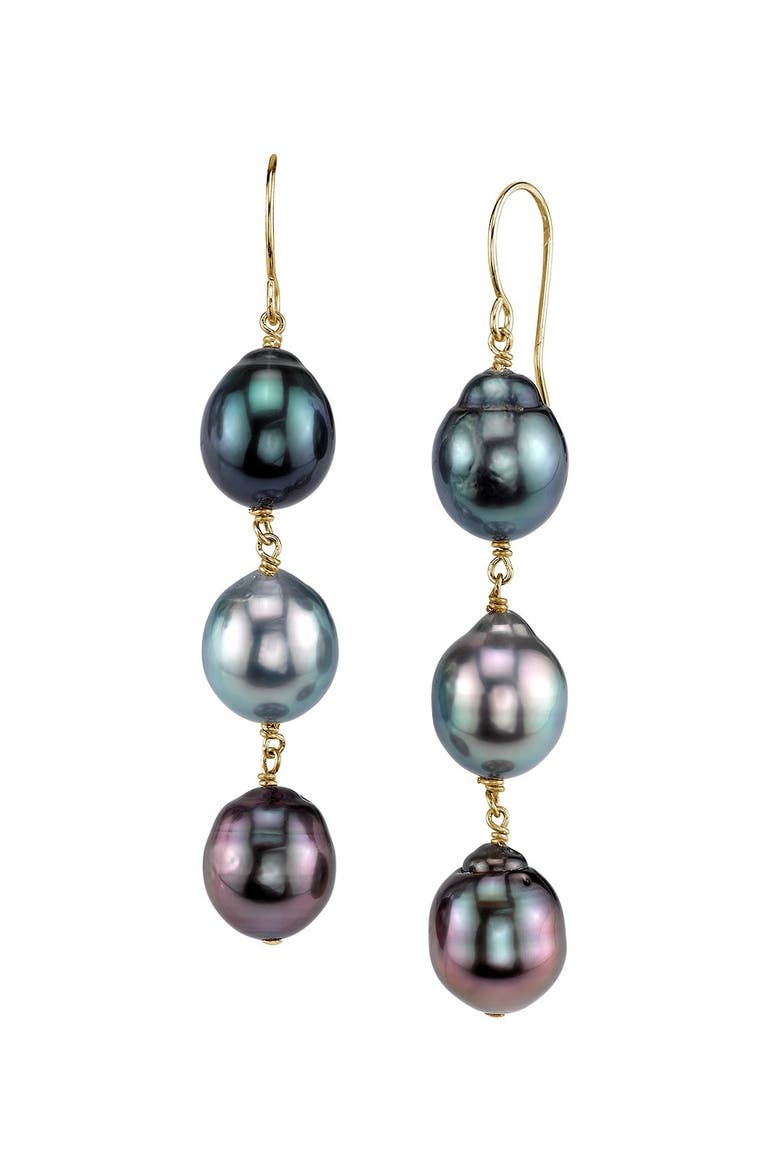7-8mm 14K Gold Tahitian South Sea Drop Multicolor Pearl Tincup Earrings, Main, color, Yellow Gold