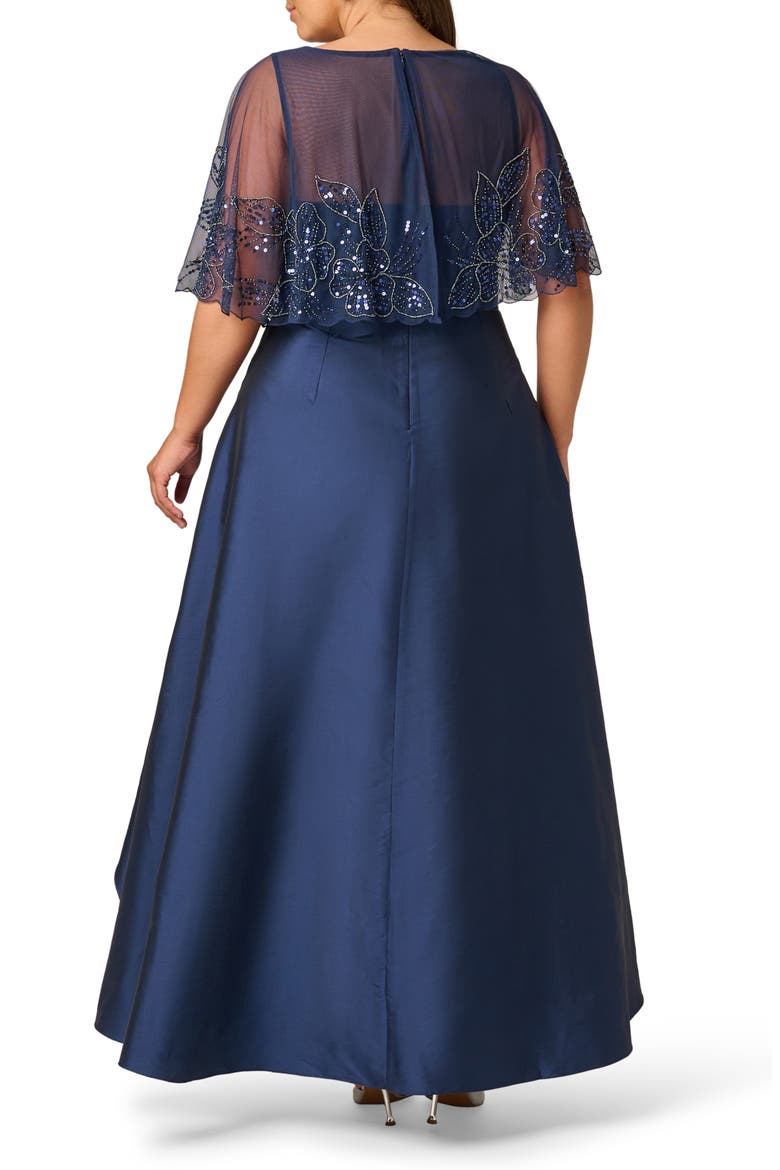 Floral Bead Cape High-Low Taffeta Gown, Alternate, color, LIGHT NAVY