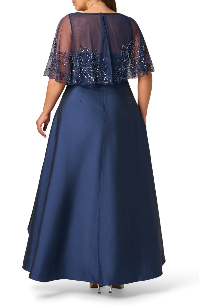 Adrianna Papell Floral Bead Cape High-Low Taffeta Gown, Alternate, color, Light Navy
