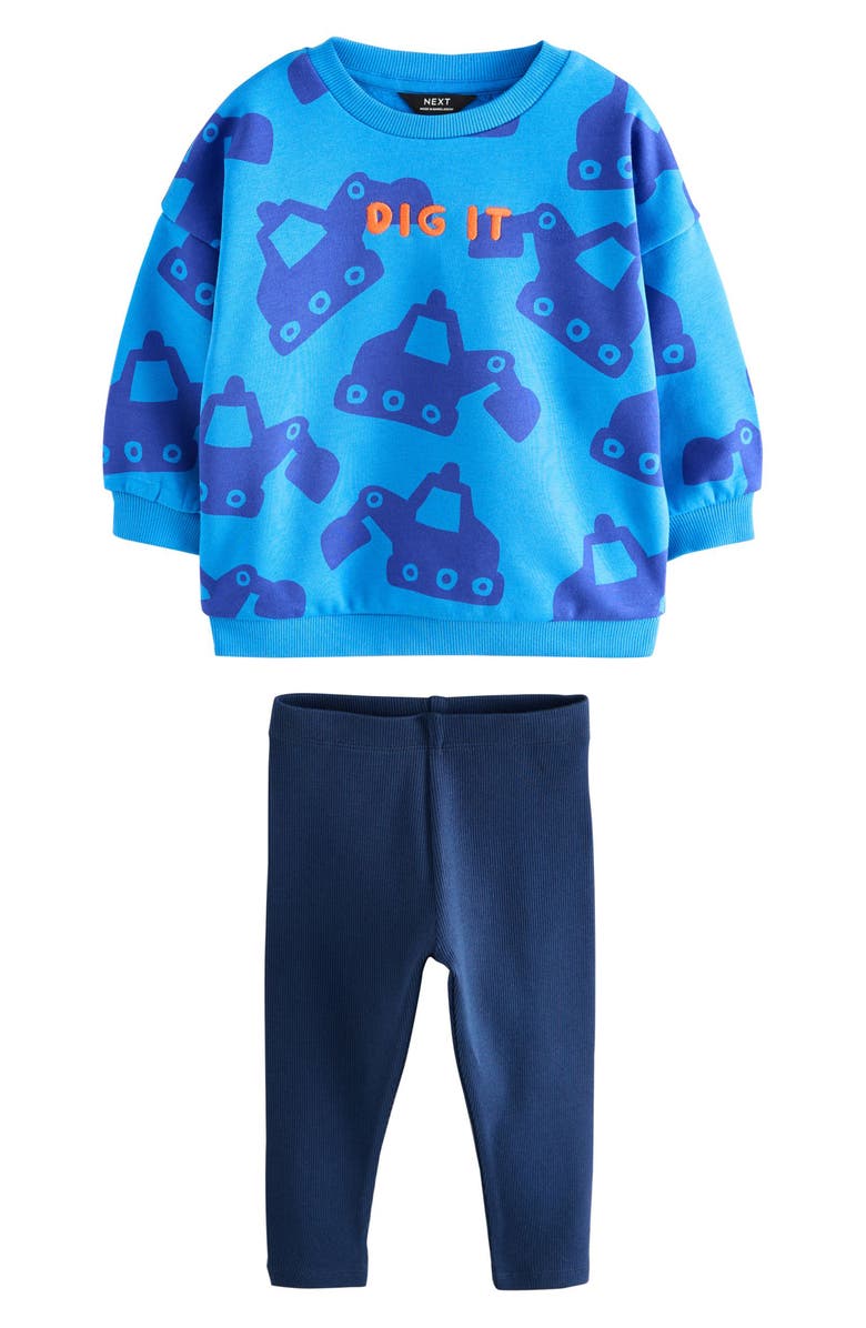 NEXT Kids' Digger Print Sweatshirt & Rib Leggings Set, Main, color, Blue Multi