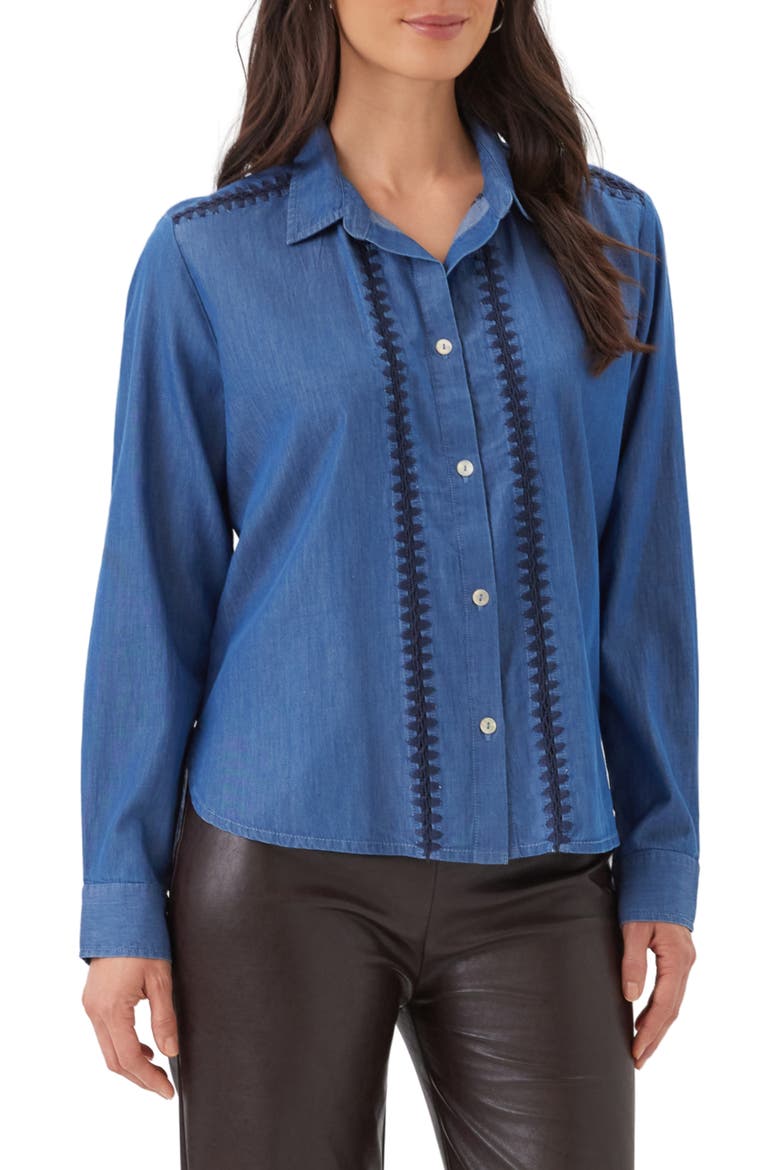 Crochet Trim Cotton Button Up Shirt, Main, color, DENIM
