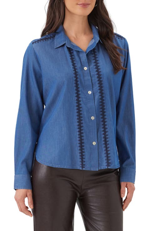 Crochet Trim Cotton Button Up Shirt