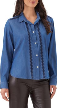 Karen Kane Crochet Trim Cotton Button Up Shirt
