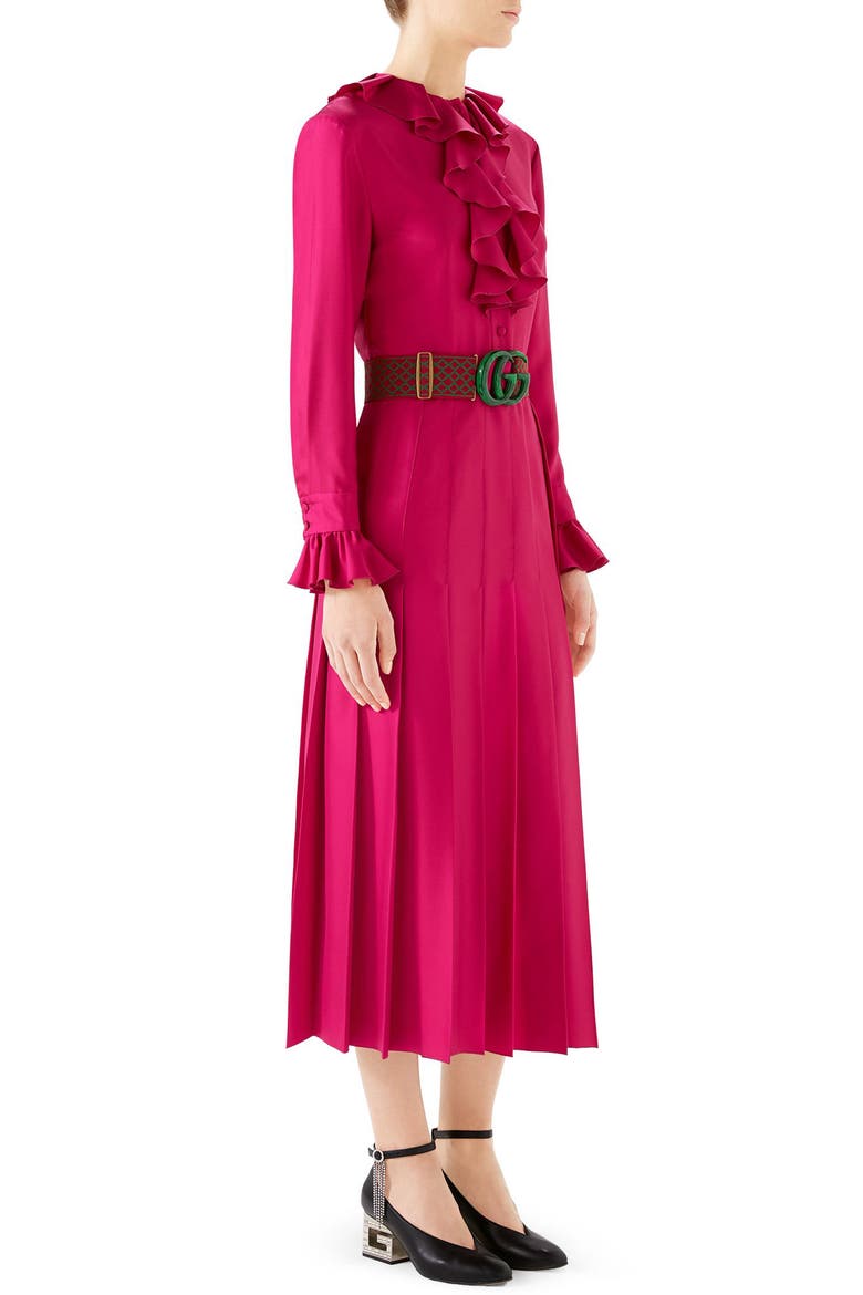 Ruffle Front Silk Twill Dress, Alternate, color, HOT PINK