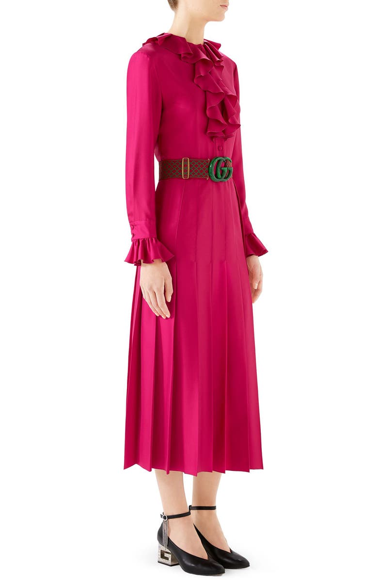 Gucci Ruffle Front Silk Twill Dress, Alternate, color,