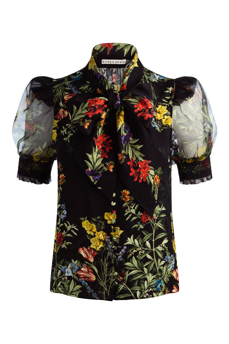 Brentley Tie Neck Puff Sleeve Top, Alternate, color, DESERT SPRIGS BLACK