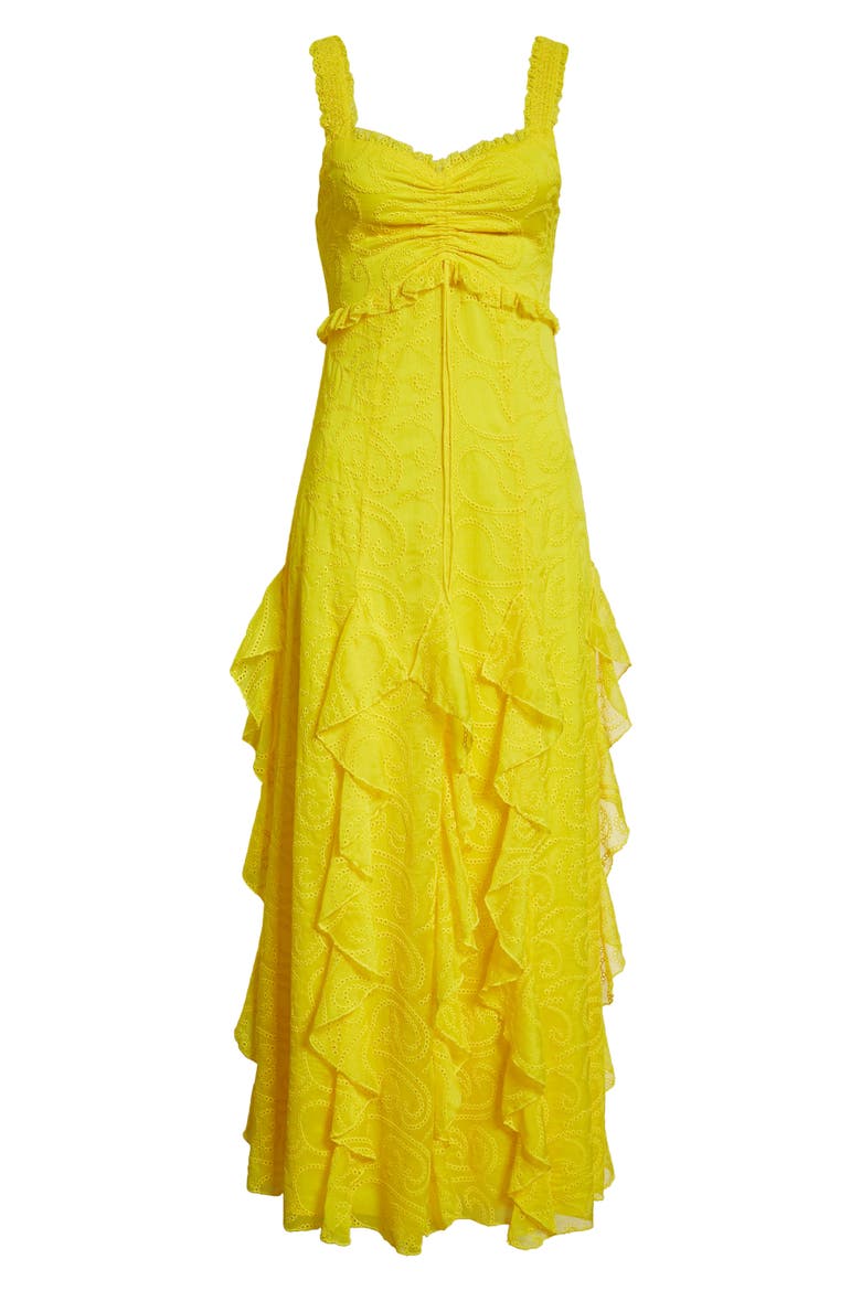 Rue Ruffle Embroidered Empire Waist Maxi Dress, Alternate, color, SUNBEAM