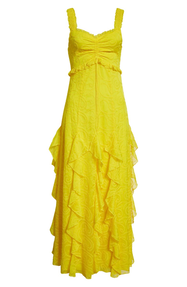 Alice + Olivia Rue Ruffle Embroidered Empire Waist Maxi Dress, Alternate, color, 