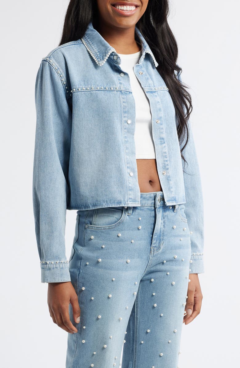 PTCL Faux Pearl Denim Crop Jacket, Main, color,