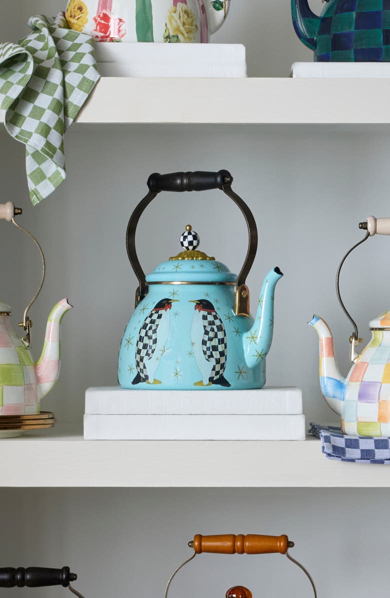 MACKENZIE CHILDS Penguin Parade Enameled Steel 2-Quart Tea Kettle, Alternate, color, Blue