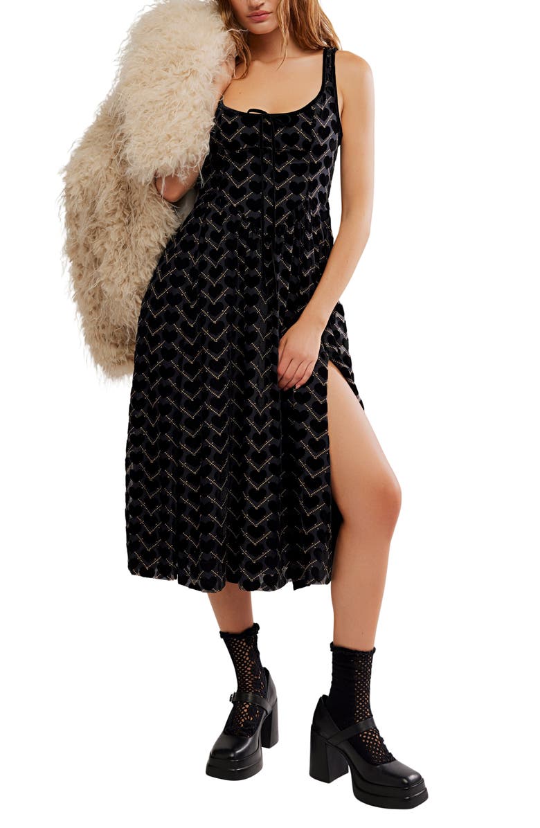 Free People Freya Burnout Velvet Midi Dress, Alternate, color, Charcoal Combo