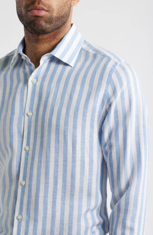 SCOTT BARBER SCOTT BARBER COASTAL REGULAR FIT STRIPE LINEN & LYOCELL BUTTON-UP SHIRT