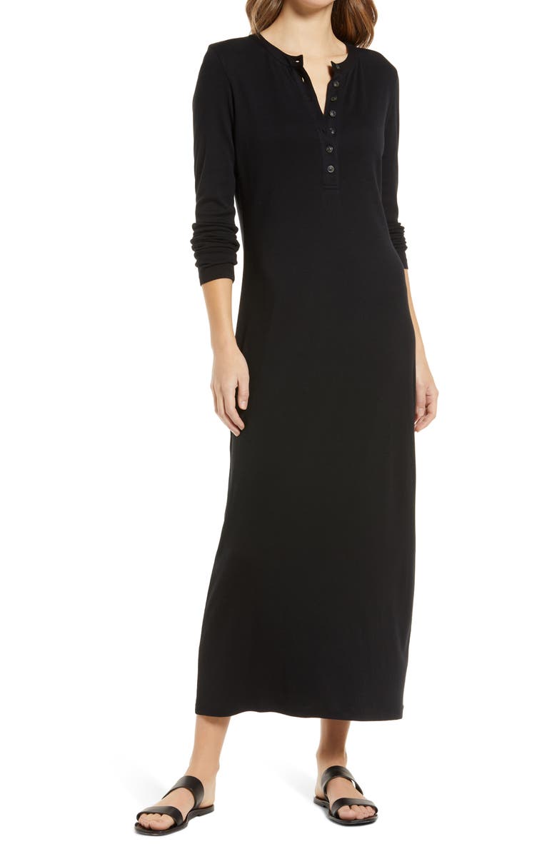 Caslon<sup>®</sup> Split Neck Long Sleeve Cotton Blend Dress, Main, color,