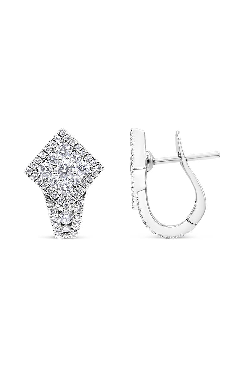 18K White Gold 1 1/10 Cttw Round Diamond Cluster with Halo Hoop Huggie Earring, Alternate, color, White