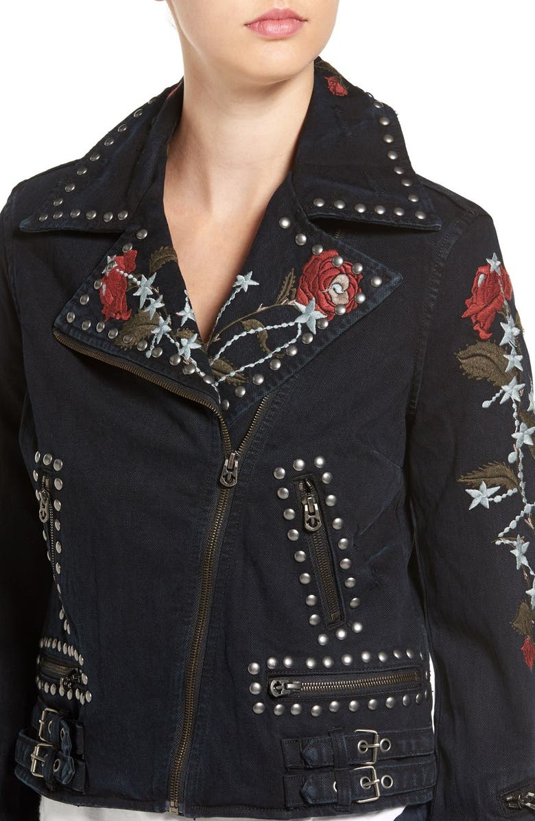 True Religion Brand Jeans Embroidered Denim Moto Jacket, Alternate, color, 