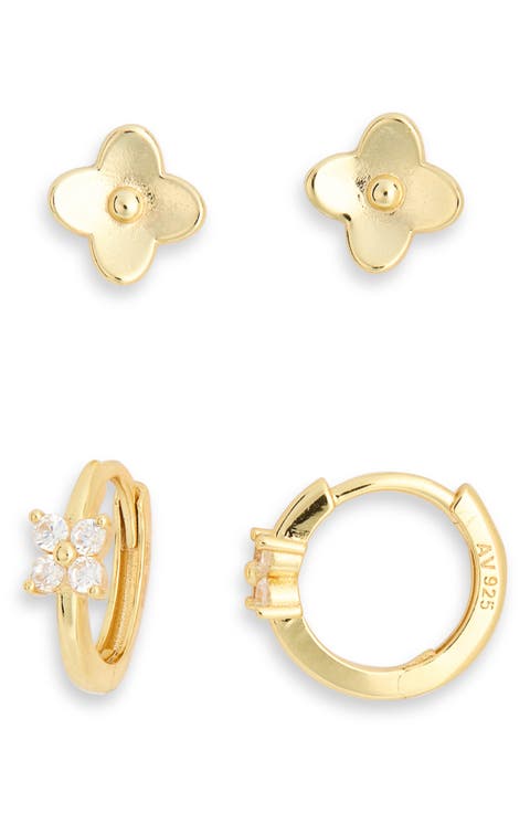 Set of 2 Cubic Zirconia Flower Stud & Hoop Earrings