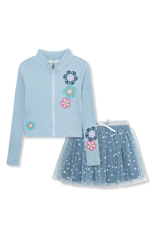 Peek Aren't You Curious Kids' Embroidered Flower Top & Polka Dot Tulle Skirt Set In Blue