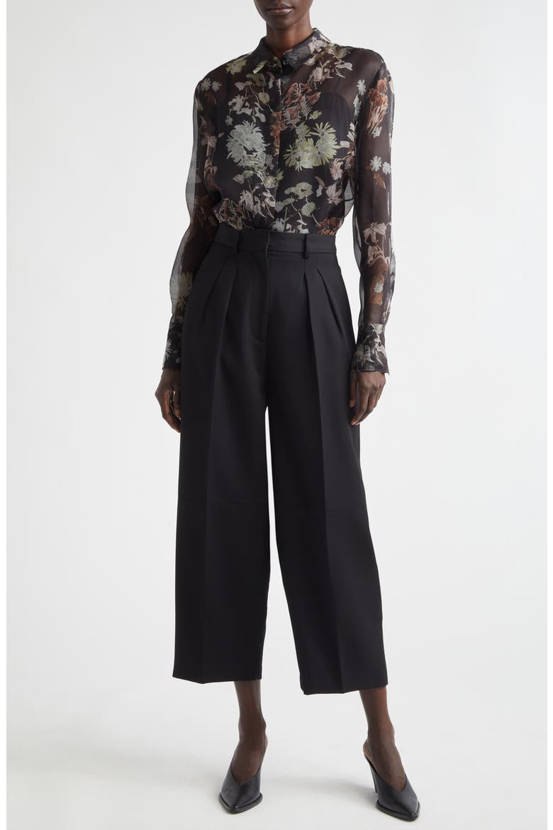 Chika Floral Print Sheer Silk Organza Button-Up Shirt, Alternate, color, BLACK FLOWERS