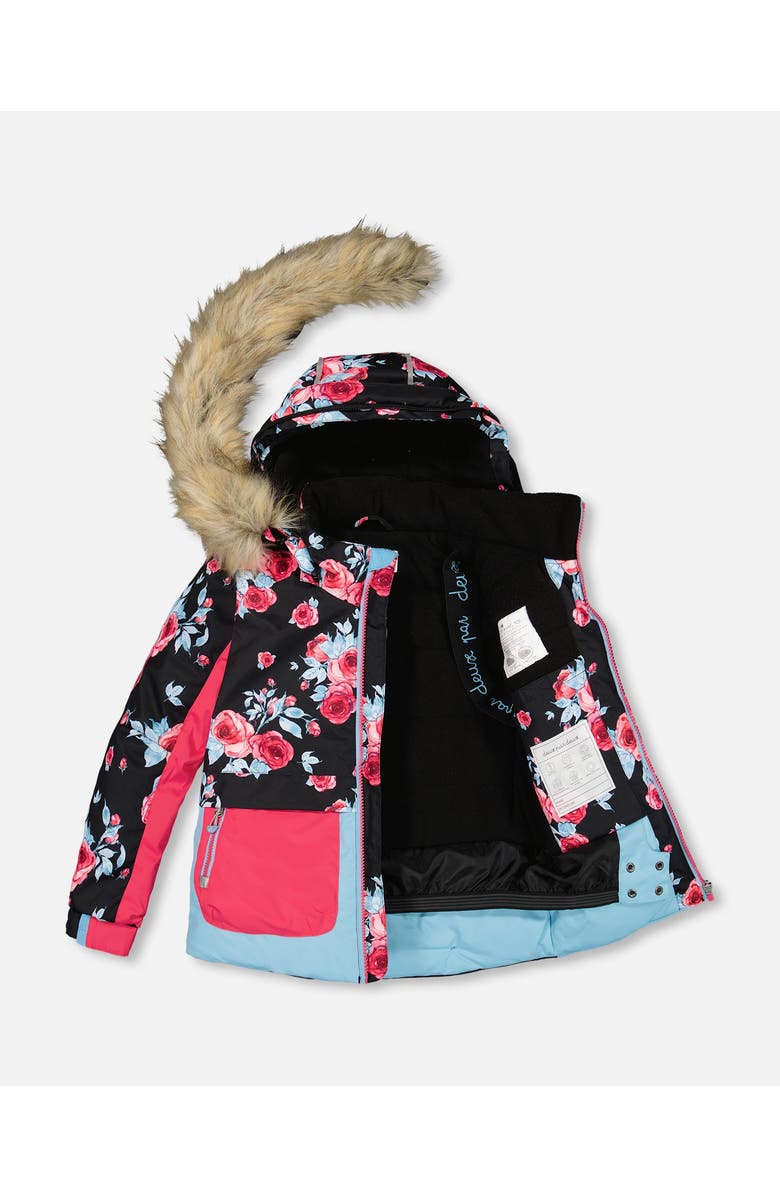 Deux par Deux Girl's Two Piece Snowsuit Printed Roses With Solid Pant Black, Alternate, color, 