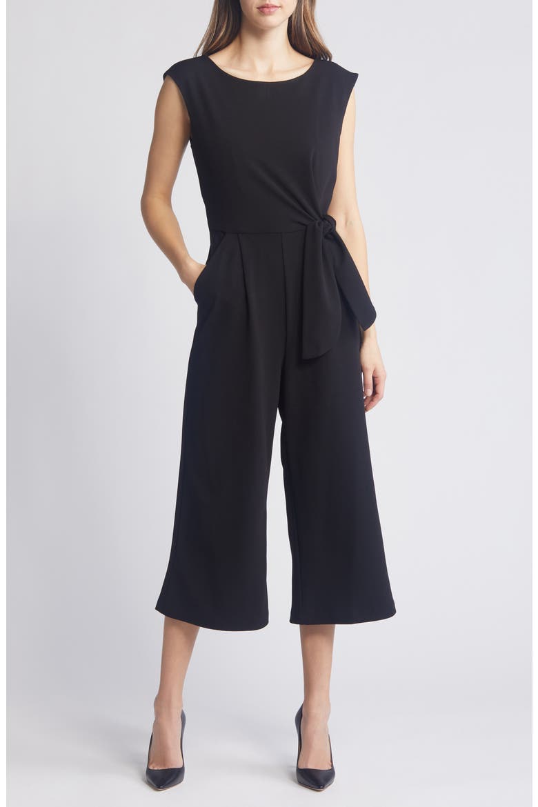 Side Tie Scuba Crepe Crop Wide Leg Jumpsuit, Main, color, BLACK
