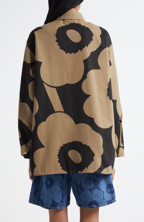 Marimekko Abstraktio Unikko Floral Oversize Cotton Snap-up Shirt In Black, Light Brown