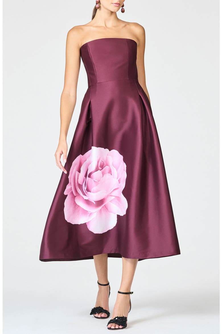 Shay Placed Floral Strapless Cocktail Midi Dress, Main, color, BORDEAUX ESPERANCE