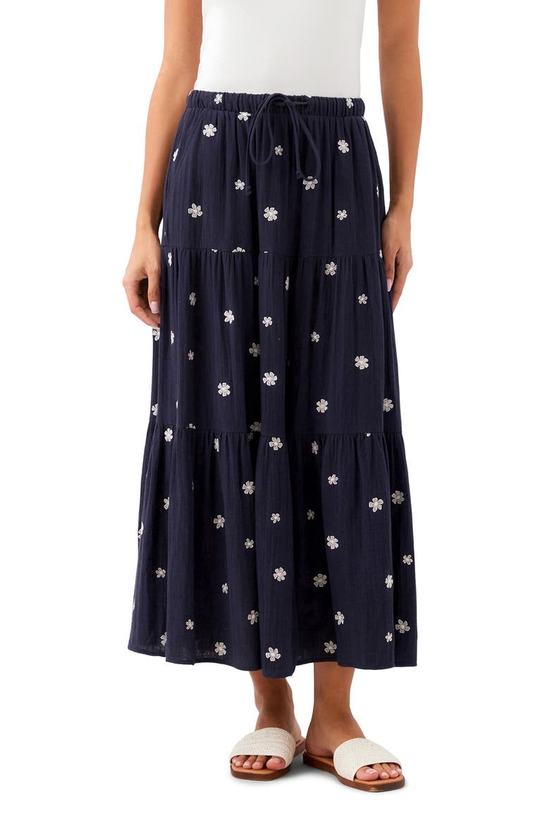 Floral Embroidered Tiered Cotton Midi Skirt, Main, color, NAVY