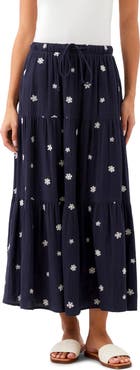 Karen Kane Floral Embroidered Tiered Cotton Midi Skirt