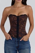 Popilush Leopard Lace Faux Denim Detachable Strap Corset Bustier
